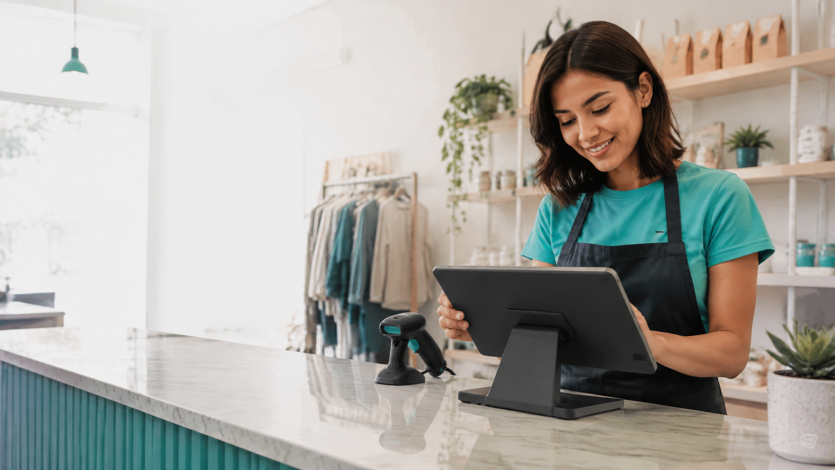 Comerciante utilizando un punto de venta moderno